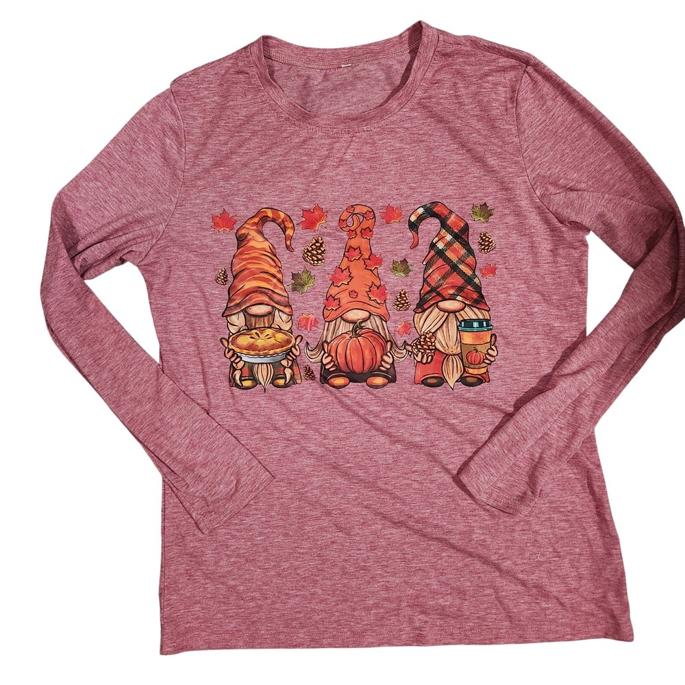 Fall Gnomes Pie Pumpkin Coffee Long Sleeve Shirt Womens Graphic Tee‎ Autumn